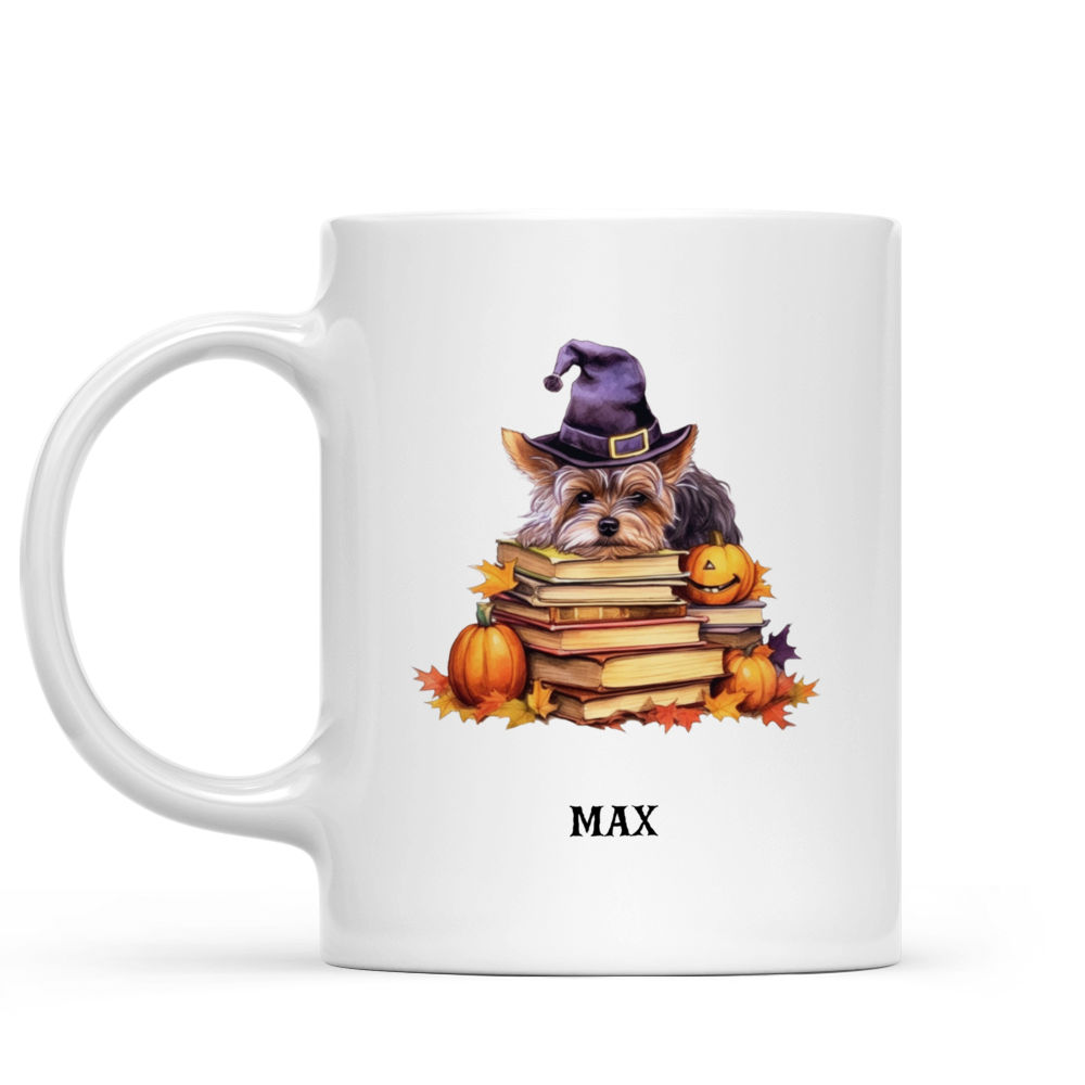 Halloween Dog Mug - Watercolor Yorkshire Terrier Sleeping on Witch Books Pumpkin Mug - Mug_1