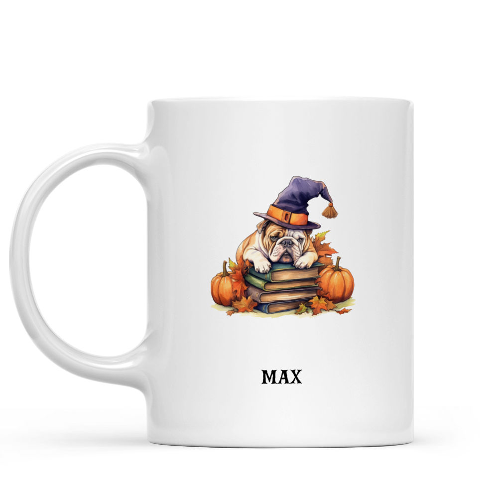 Halloween Dog Mug - Watercolor Bulldog Sleeping on Witch Books with Pumpkins Magic Light Flat Art - Mug_1