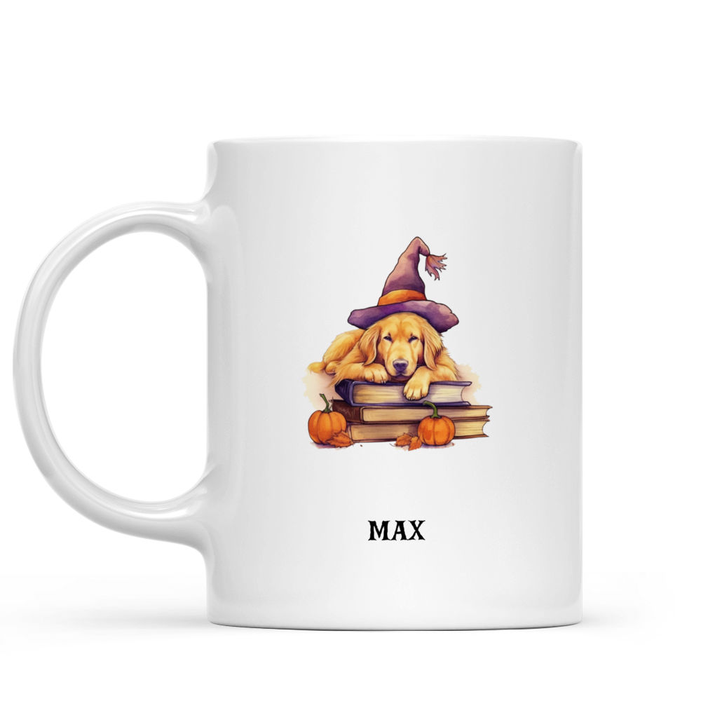 Halloween Dog Mug - Watercolor Golden Retriever Sleeping on Witch Books with Pumpkins Magic Light Flat Art - Mug_1