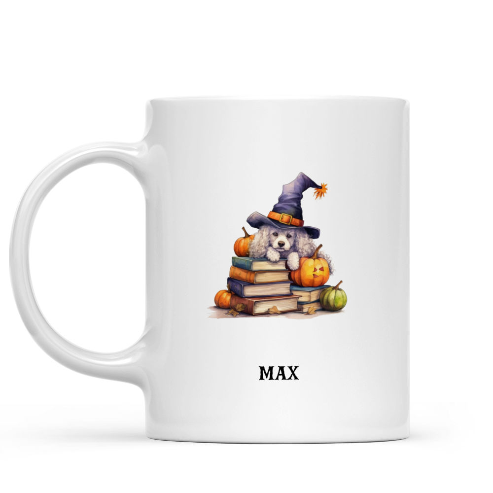 Halloween Dog Mug - Watercolor Poodle Sleeping on Witch Books with Pumpkins Magic Light Flat Art - Mug_1