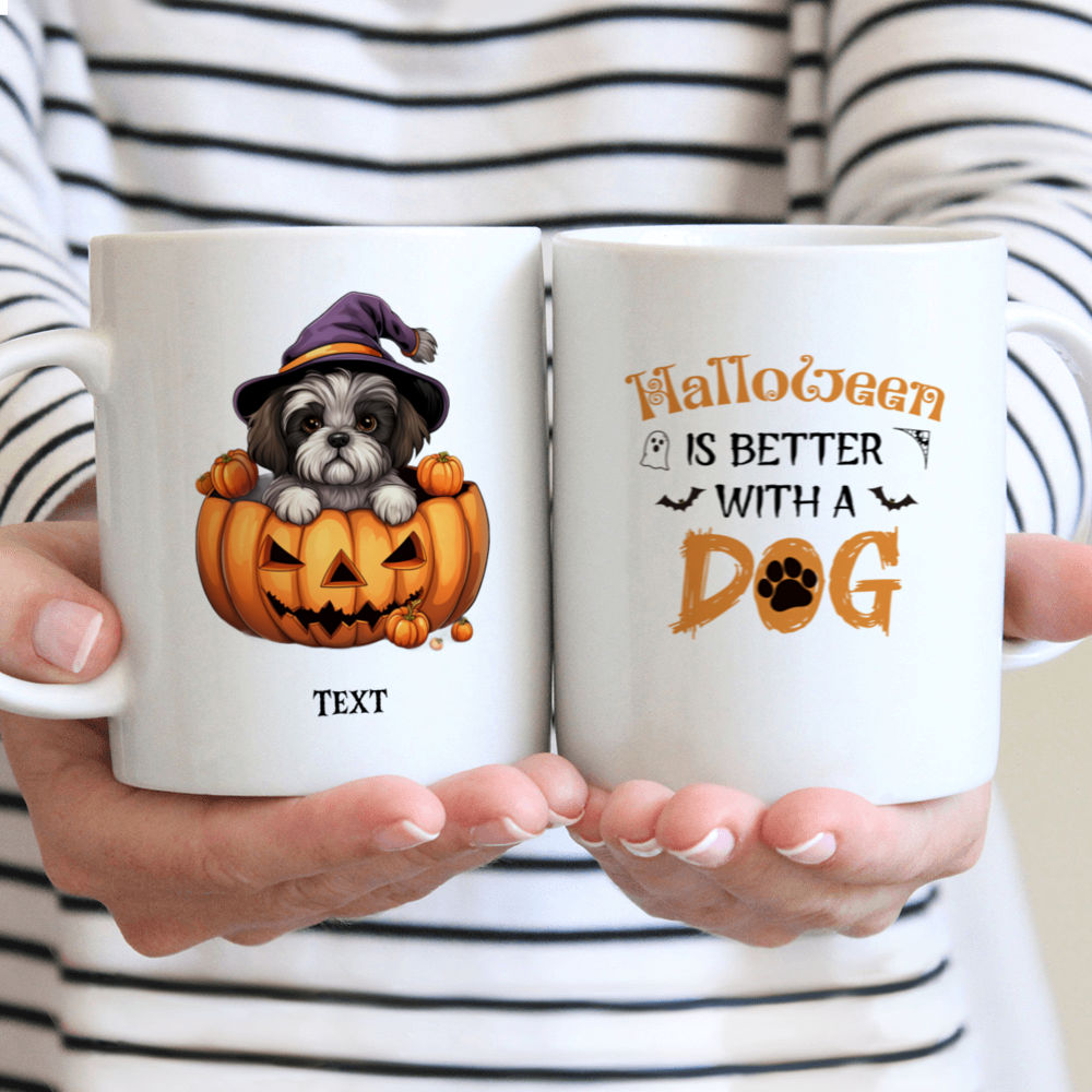 Halloween Dog Mug - Cute Shih Tzu Dog Wearing Halloween Witch Costume Peeking from Pumpkin Basket - Mug