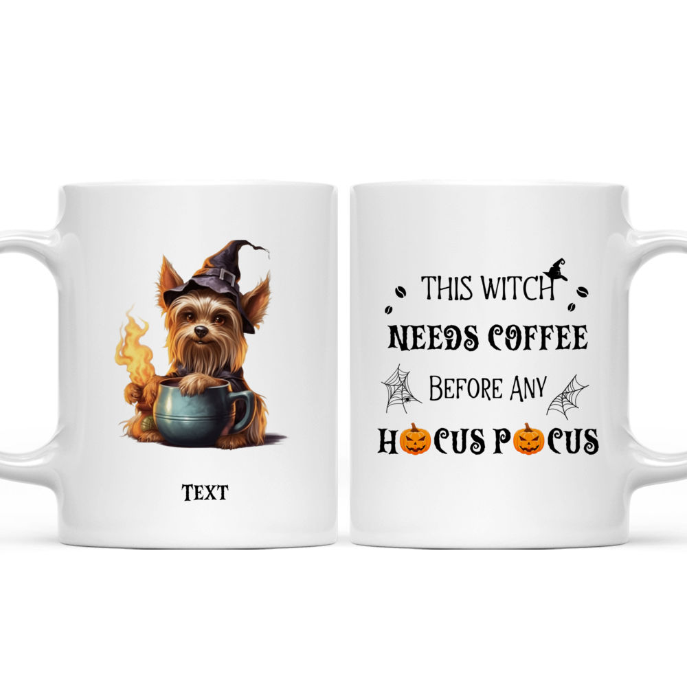 Cute Antropomorphic Yorkshire Terrier Witch Dog Drinking Coffee Halloween Dog