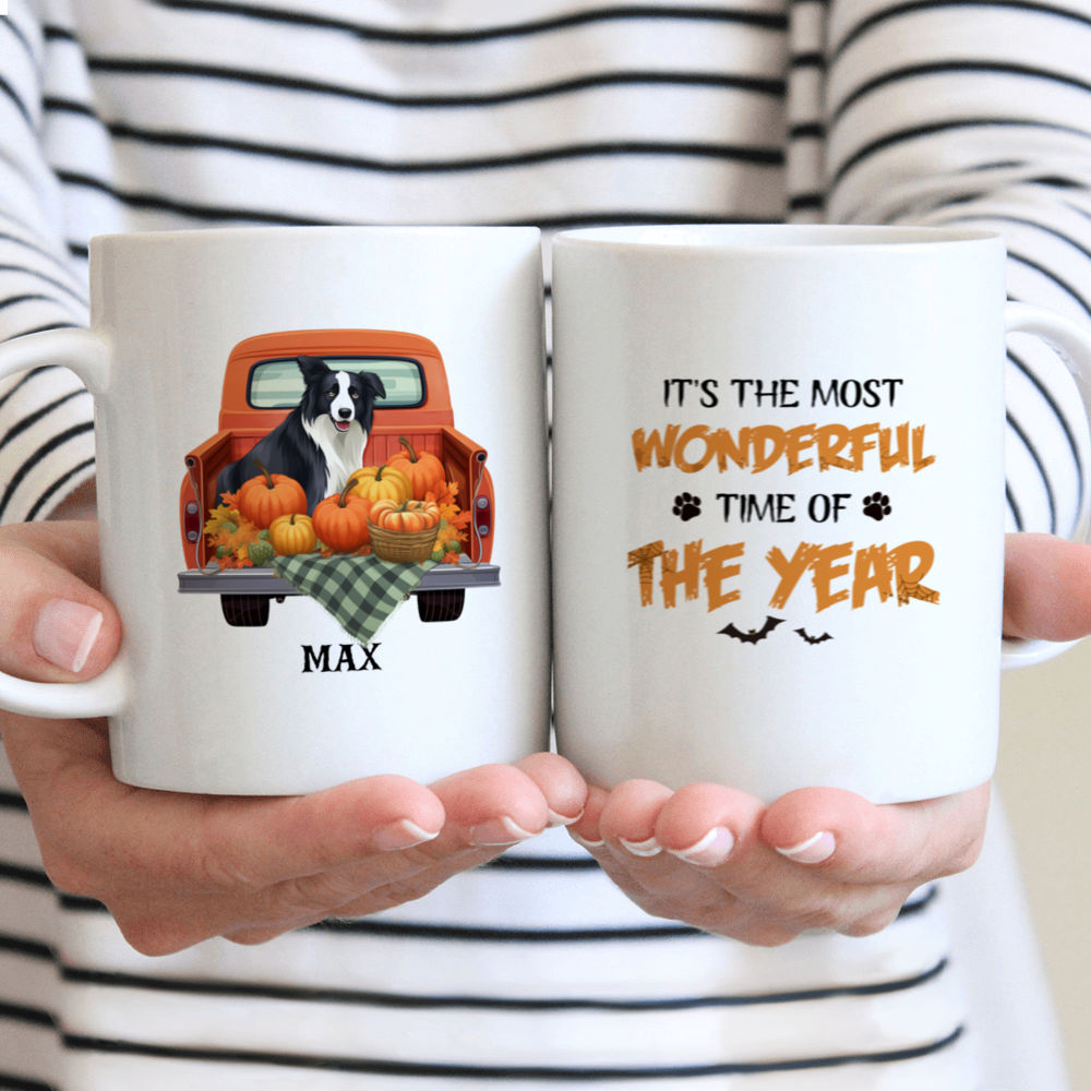 Halloween Dog Mug - Happy Border Collie Dog Pickup Truck Pumpkins - Mug