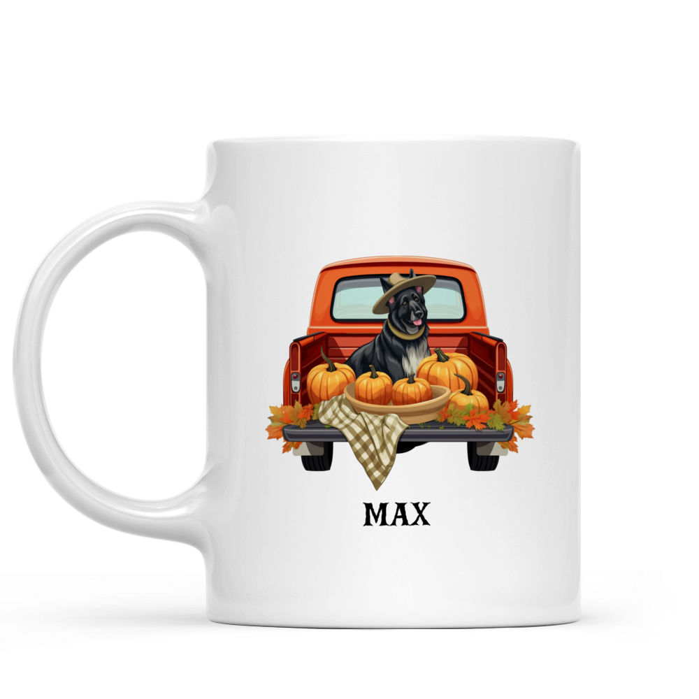 Personalized Mug - Halloween Dog Mug - Happy German Shepherd Witch Dog on Pickup Truck Car with Pumpkins_1