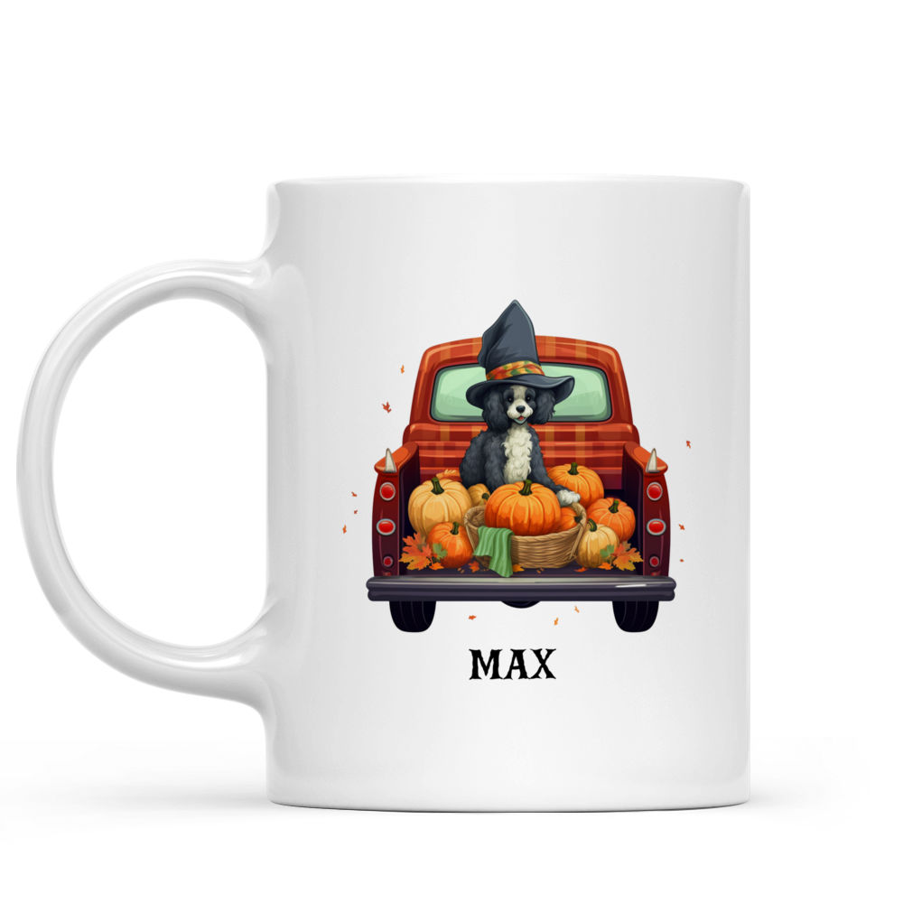 Halloween Dog Mug - Happy Poodle Witch Dog on Pickup Truck Car with Pumpkins - Mug_1