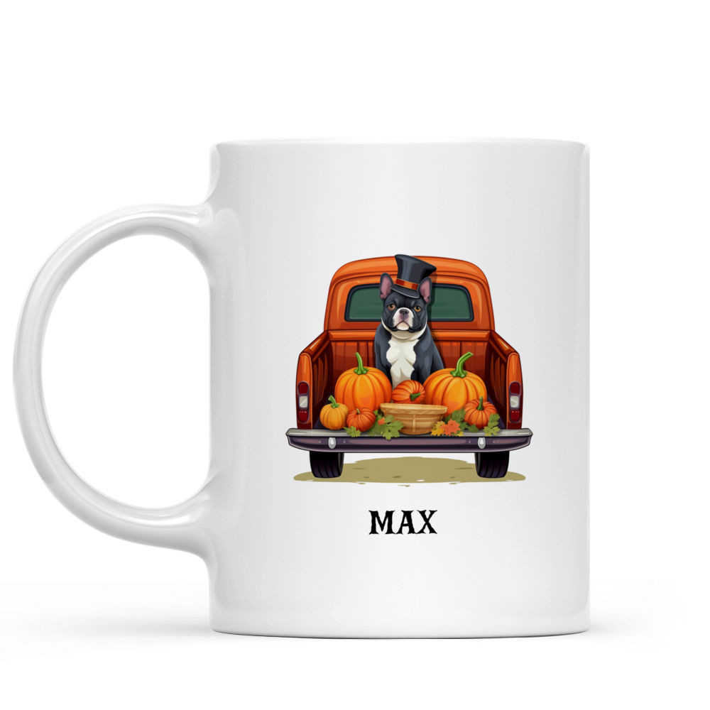 Halloween Dog Mug - Happy French Bulldog Witch Dog on Pickup Truck Car with Pumpkins - Mug_1