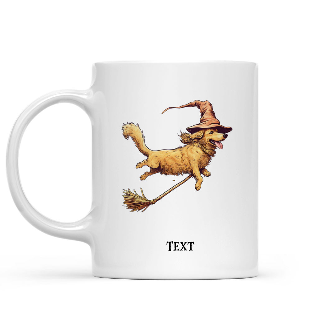 Halloween Dog Mug - Cute Golden Retriever Witch Dog Flying on Broom in Cartoon Style for Halloween - Mug_1