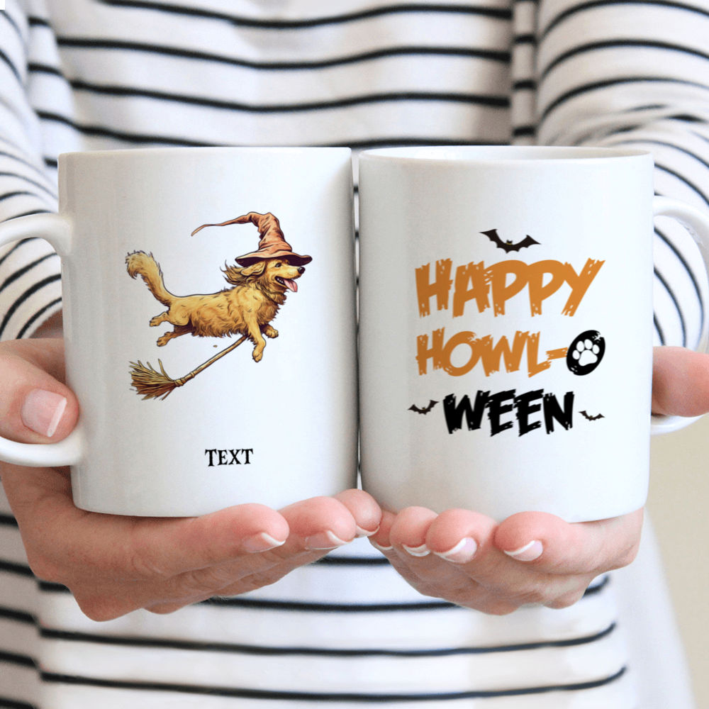 Halloween Dog Mug - Cute Golden Retriever Witch Dog Flying on Broom in Cartoon Style for Halloween - Mug