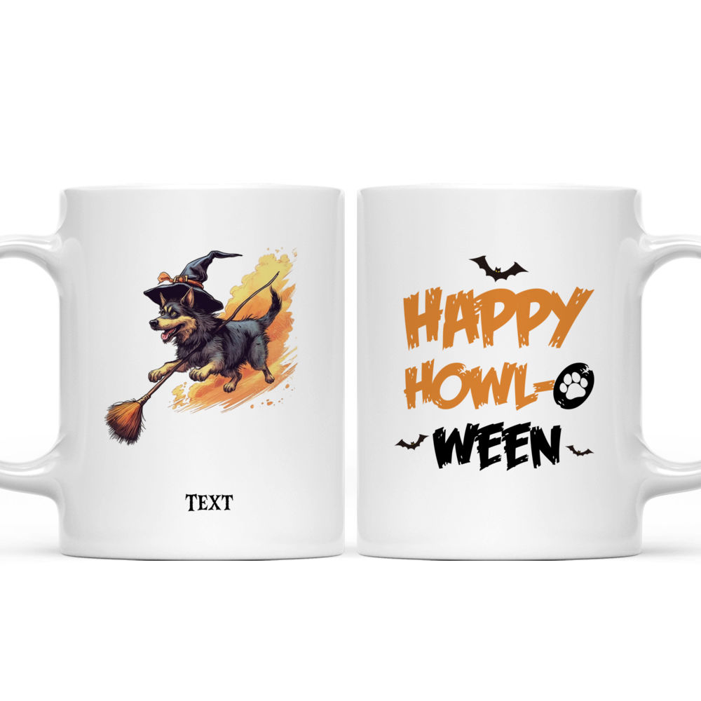 Cute German Shepherd Witch Dog Flying on Broom in Cartoon Style for Halloween
