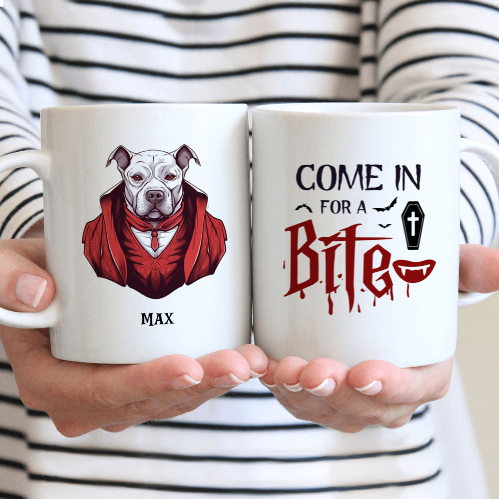 Halloween Dog Mug - Come In For A Bite - Fantasy Pitbull Dracula Vampire Halloween Dog Mug - Mug