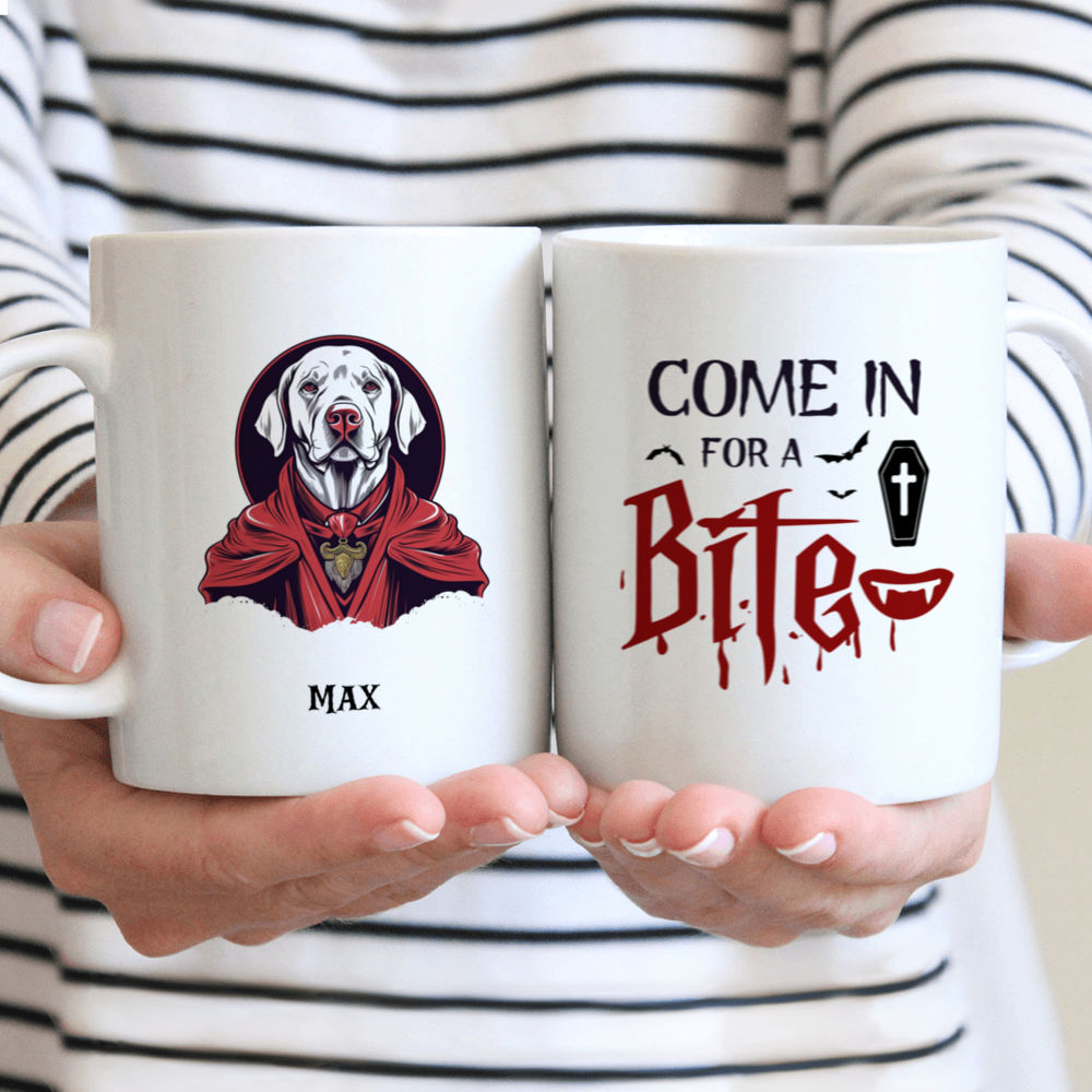 Personalized Mug - Halloween Dog Mug - Come In For A Bite - Fantasy Labrador Retriever Dracula Vampire Halloween Dog Mug