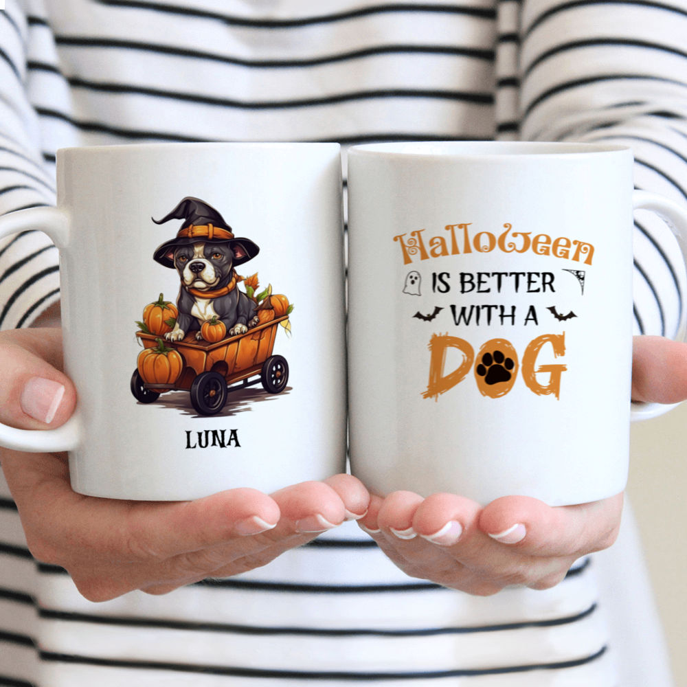 Halloween Dog Mug - Cute Pitbull Witch Dog Sitting in Pumpkin Cart Cartoon Style - Mug