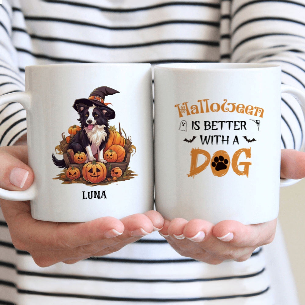 Halloween Dog Mug - Cartoon Cute Witch Border Collie Dog in Pumpkin Cart - Mug