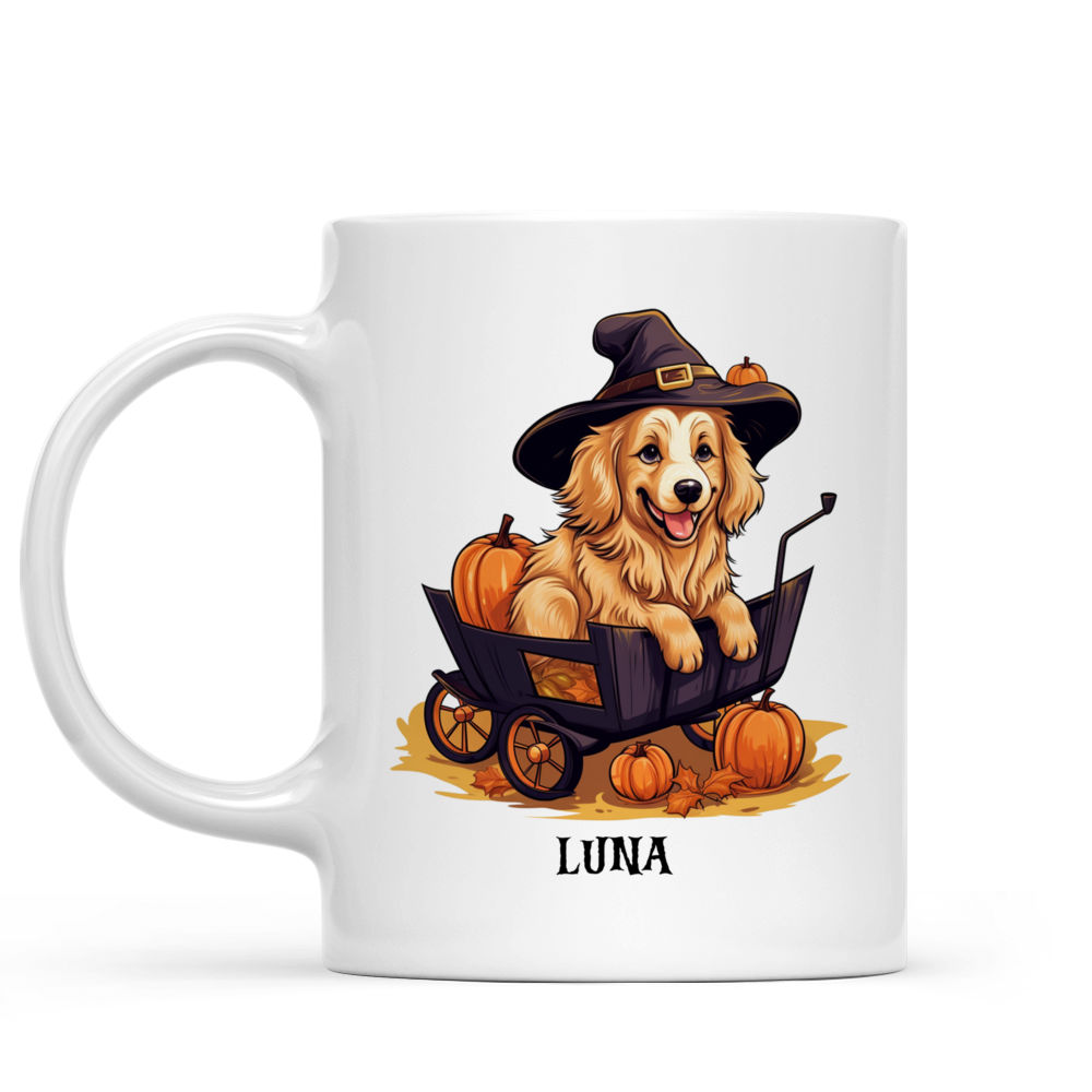 Personalized Mug - Halloween Dog Mug - Cute Golden Retriever Witch Dog Sitting in Pumpkin Cart Cartoon_1