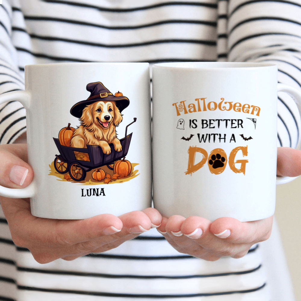 Personalized Mug - Halloween Dog Mug - Cute Golden Retriever Witch Dog Sitting in Pumpkin Cart Cartoon