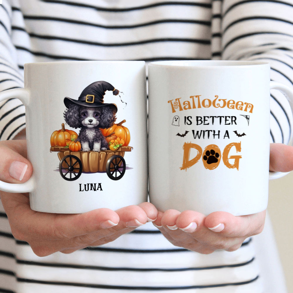 Halloween Dog Mug - Cute Poodle Witch Dog Sitting in Pumpkin Cart Cartoon - Mug