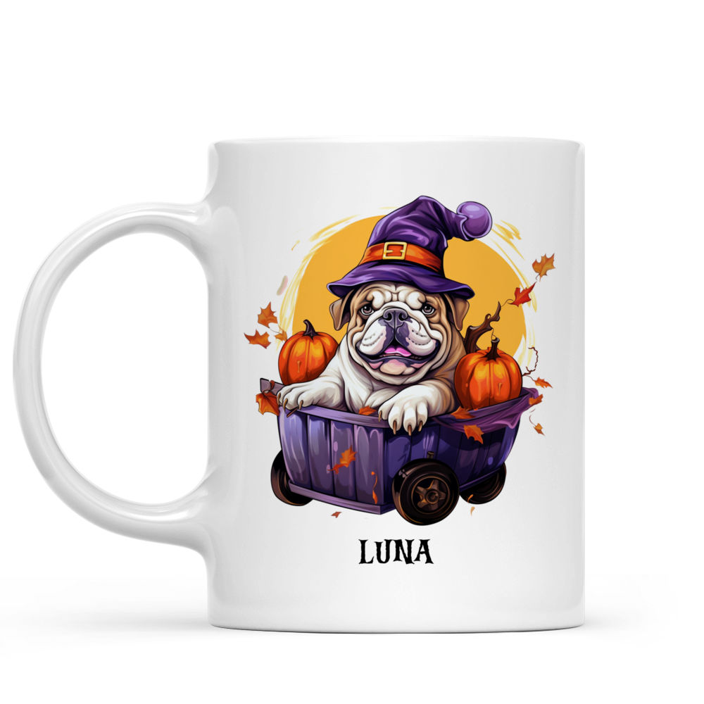 Halloween Dog Mug - Cute Bulldog Witch Dog Sitting on Pumpkin Cart Cartoon - Mug_1