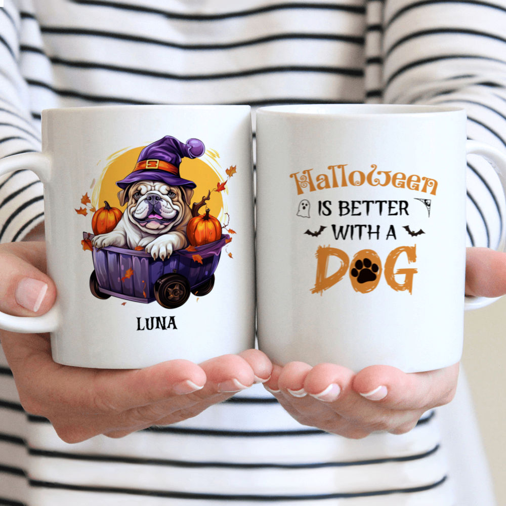 Halloween Dog Mug - Cute Bulldog Witch Dog Sitting on Pumpkin Cart Cartoon - Mug