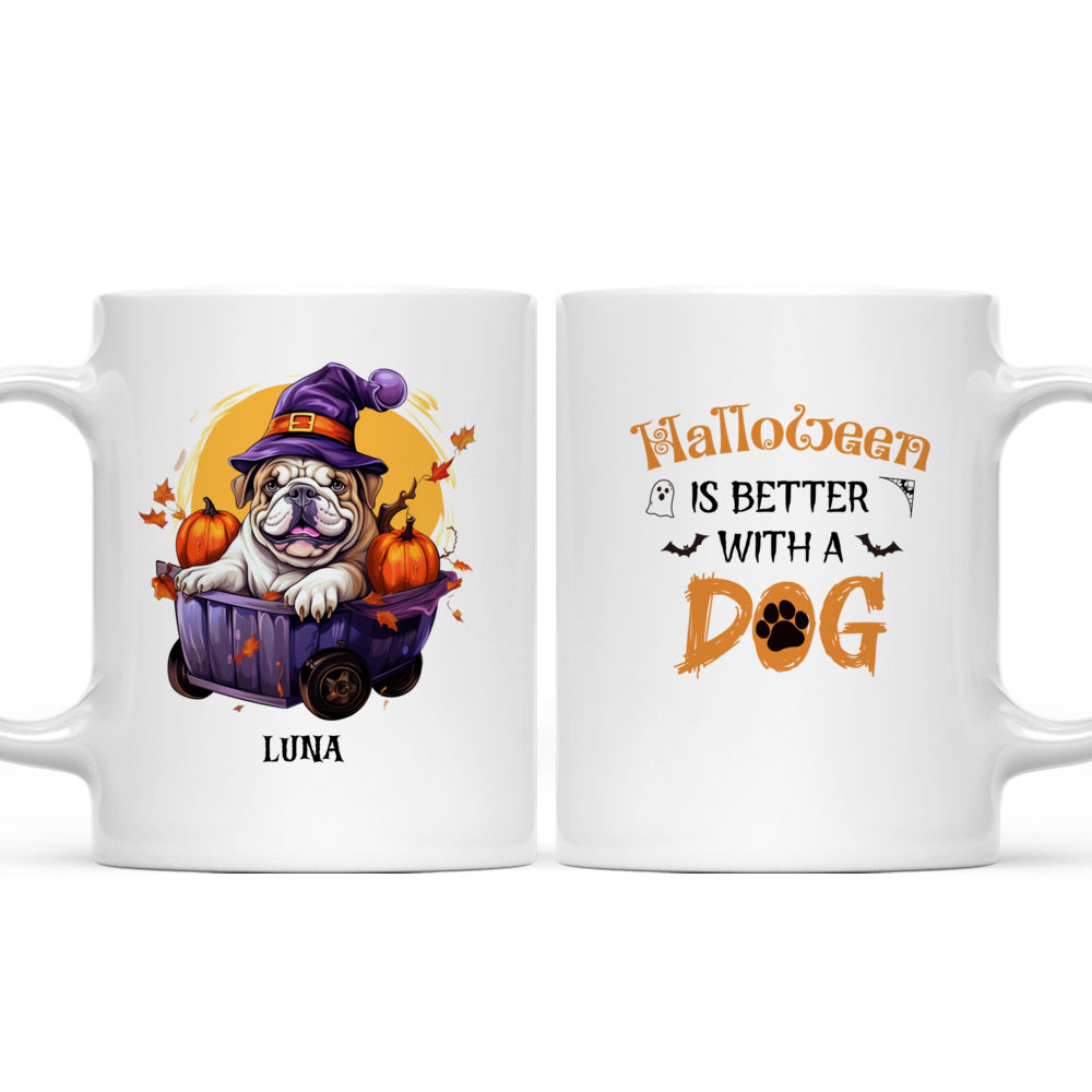 Cute Bulldog Witch Dog Sitting on Pumpkin Cart Cartoon