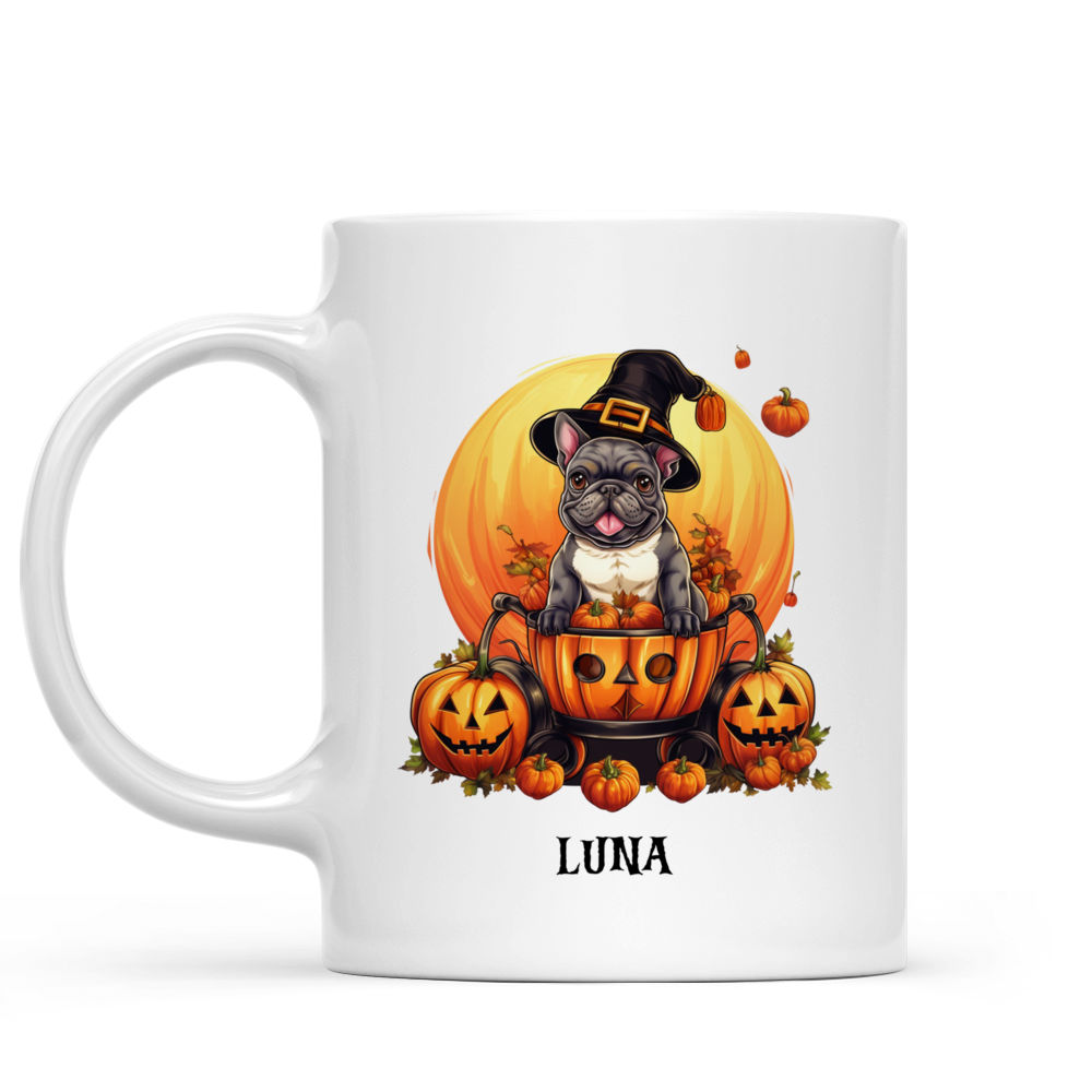 Personalized Mug - Halloween Dog Mug - Cute French Bulldog Witch Dog Sitting on Pumpkin Cart Cartoon_1