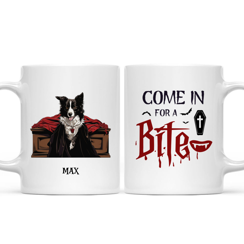 Personalized Mug - Halloween Dog Mug - Spooky Border Collie Dracula Standing in Vampire Coffin_3