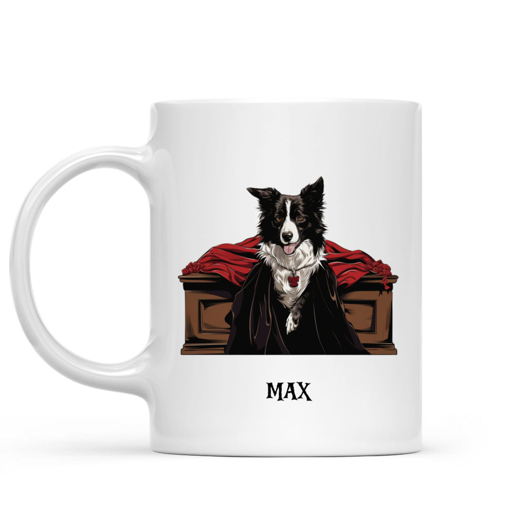 Personalized Mug - Halloween Dog Mug - Spooky Border Collie Dracula Standing in Vampire Coffin_1