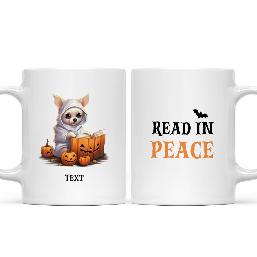 Halloween Dog Mug - Halloween Chihuahua Dog Reading Book with Ghost Costume and Pumpkins - Mug_3