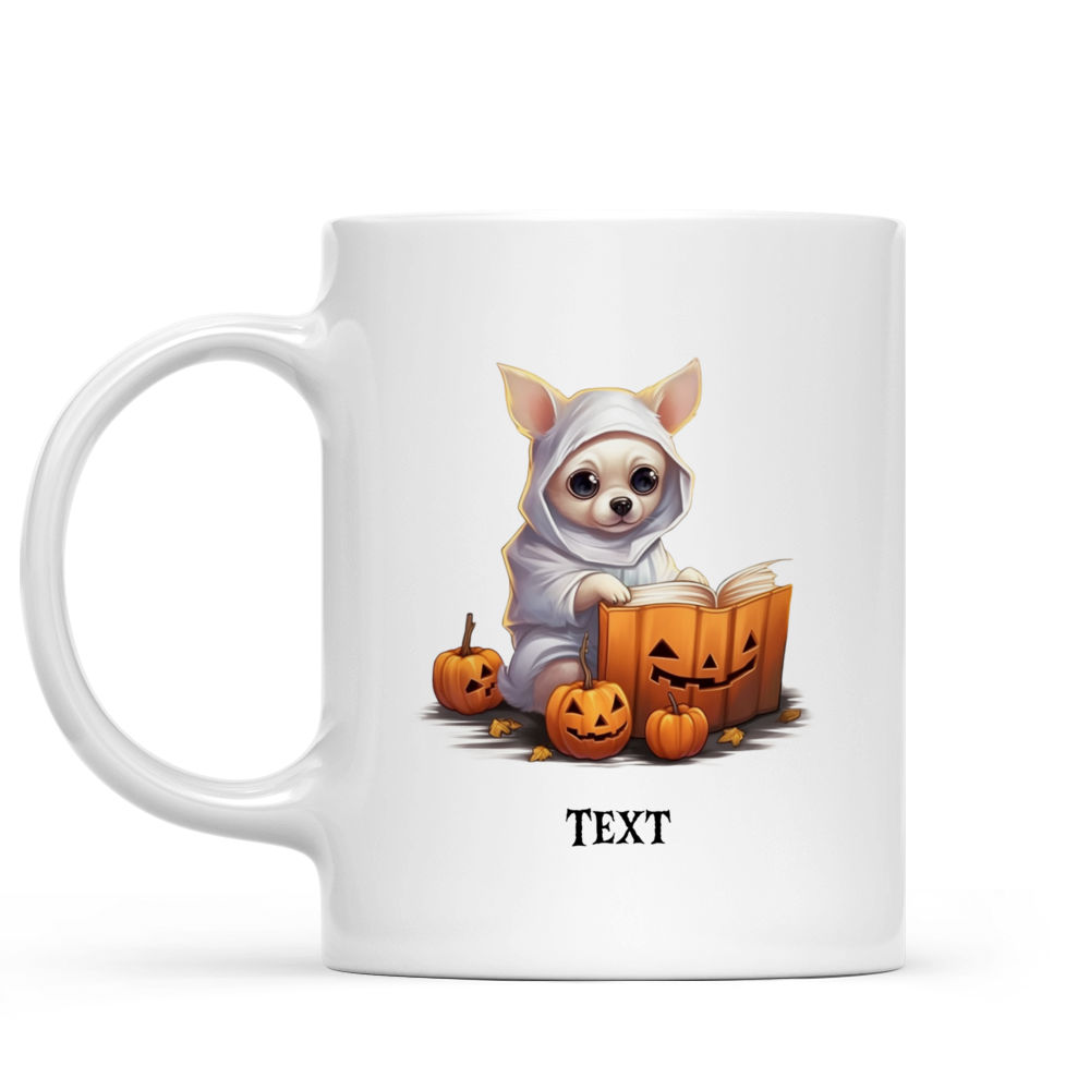 Halloween Dog Mug - Halloween Chihuahua Dog Reading Book with Ghost Costume and Pumpkins - Mug_1