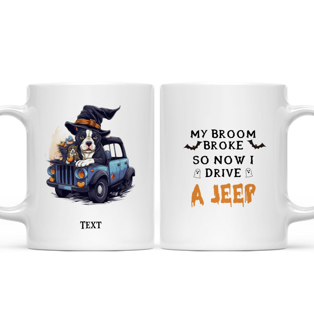 Halloween Dog Mug - Fictional Pitbull Dog in Halloween Witch Costume Driving Jeep Car - Mug_3