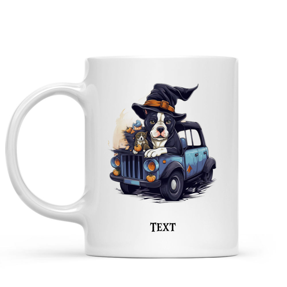 Personalized Mug - Halloween Dog Mug - Fictional Pitbull Dog in Halloween Witch Costume Driving Jeep Car_1