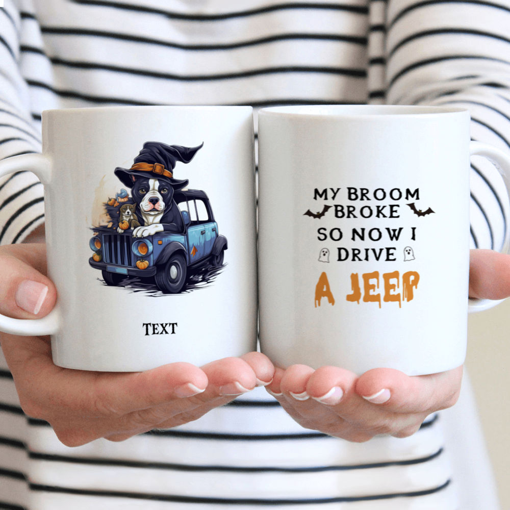 Personalized Mug - Halloween Dog Mug - Fictional Pitbull Dog in Halloween Witch Costume Driving Jeep Car