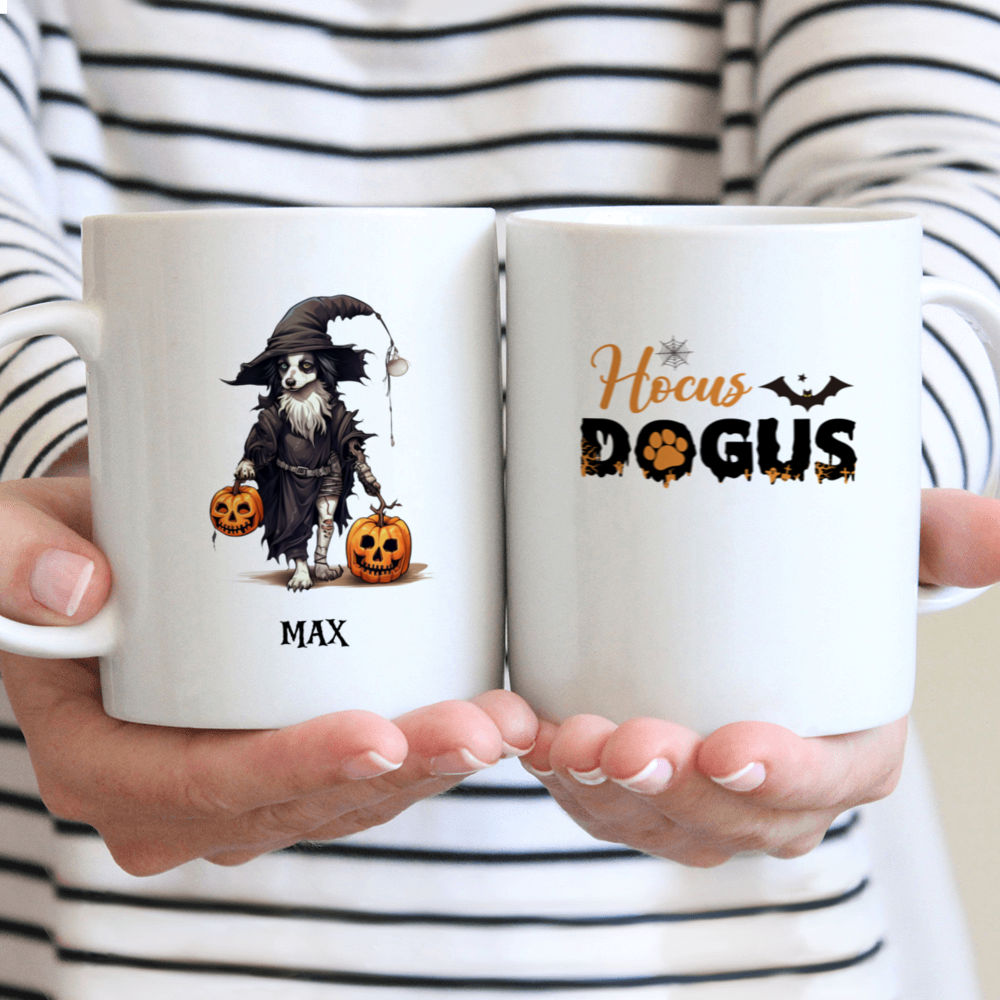 Halloween Dog Mug - Witch Border Collie Dog Walking with Pumpkins and Skeleton Skull on Wrists - Mug