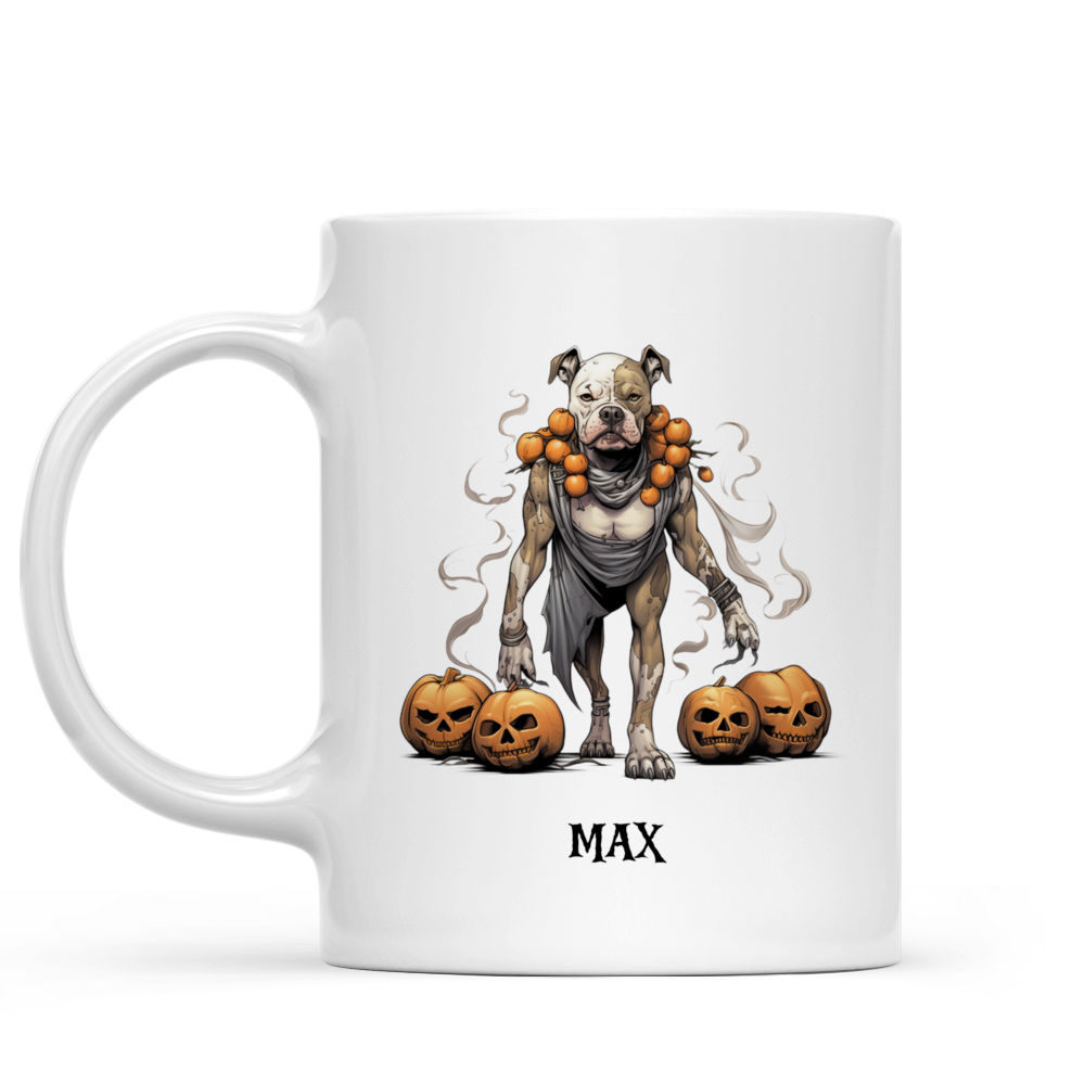 Halloween Dog Mug - Pitbull Witch Walking with Pumpkins and Skeleton Dog Mug - Mug_1