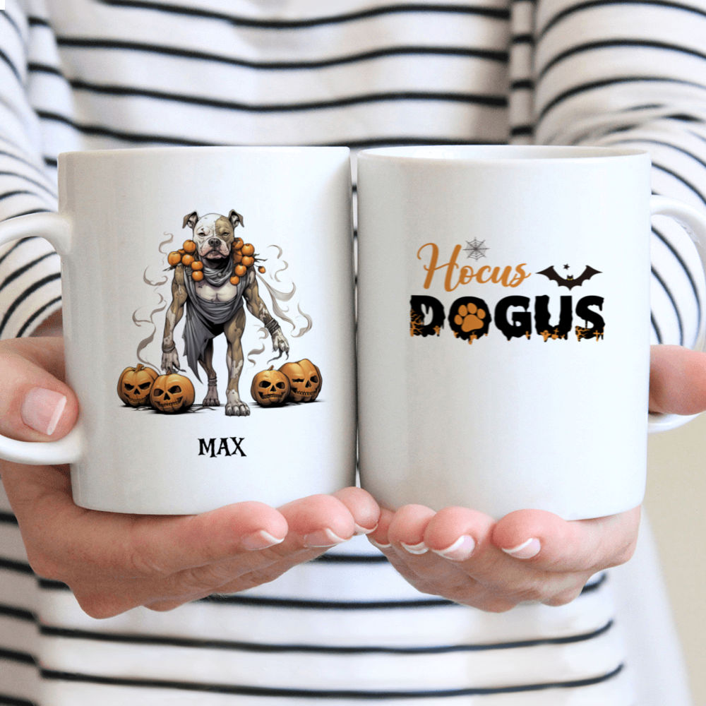 Halloween Dog Mug - Pitbull Witch Walking with Pumpkins and Skeleton Dog Mug - Mug