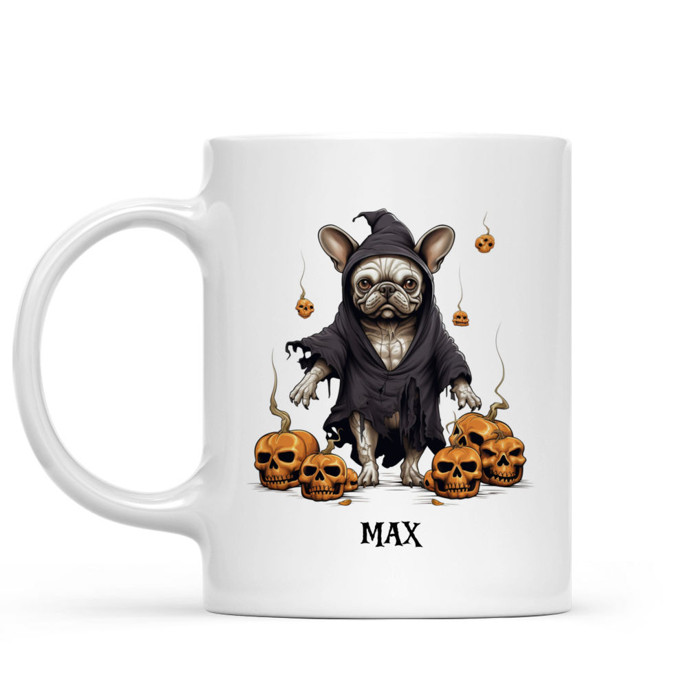 Halloween Dog Mug - Witch French Bulldog Dog Walking with Pumpkins and Skeleton Skull - Mug_1