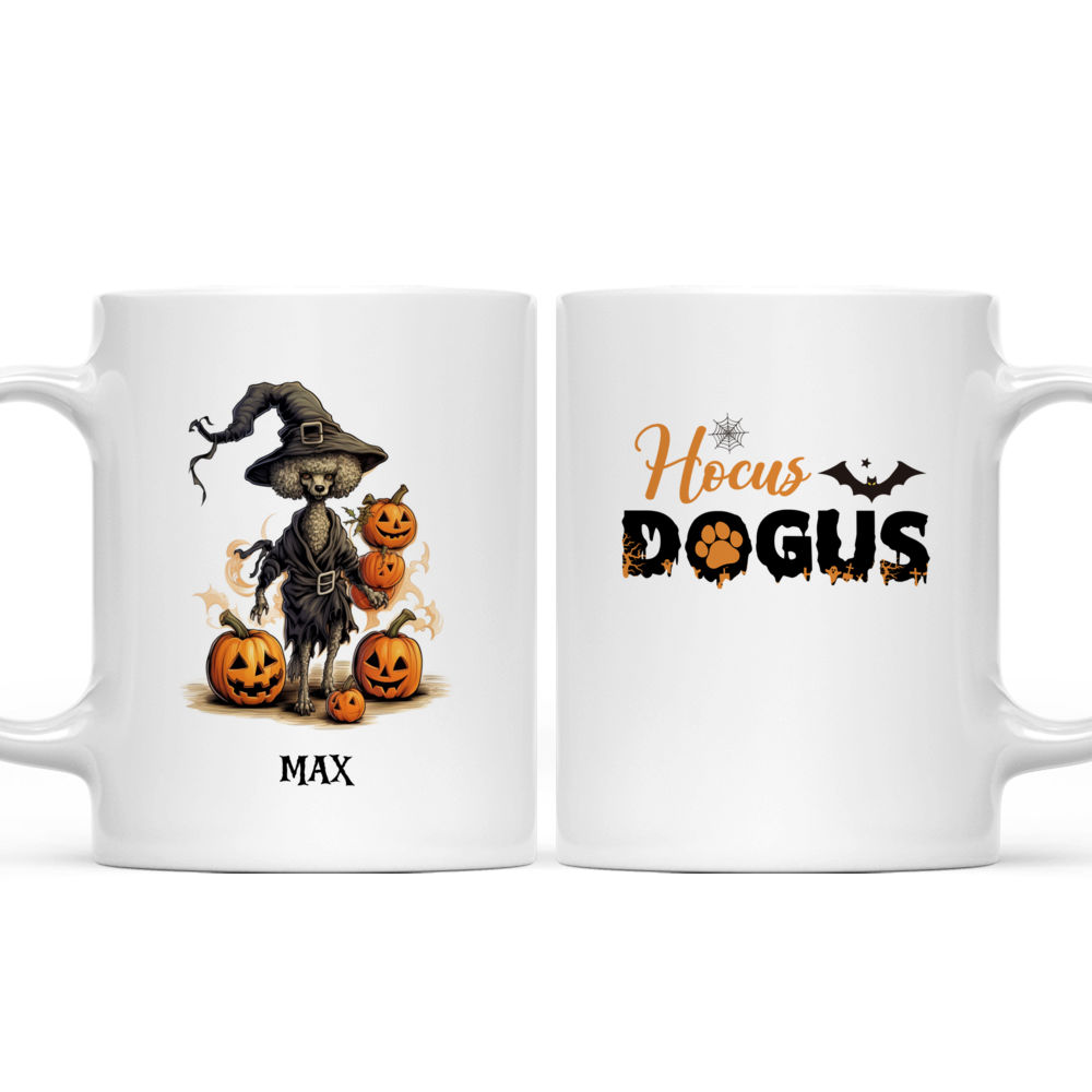 Witch Poodle Dog Walking with Pumpkins and Skeleton Skull