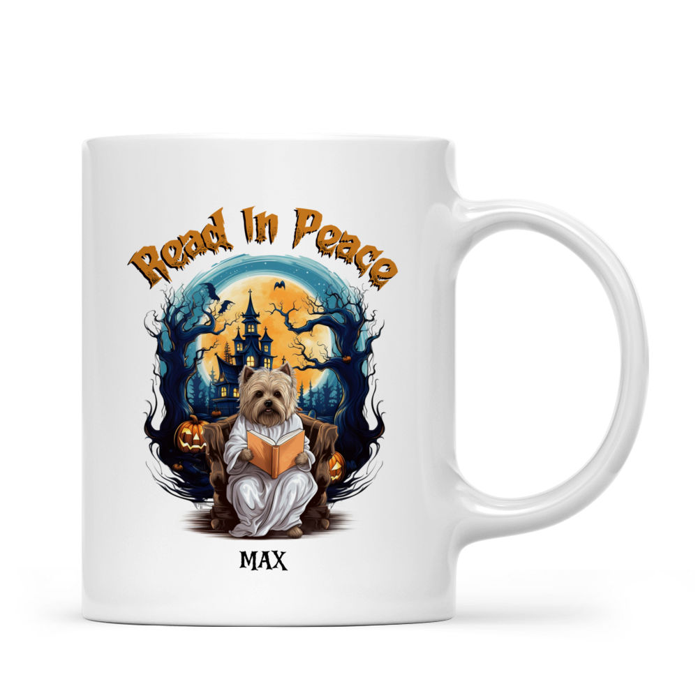 Halloween Dog Mug - Cute Yorkshire Terrier Dog Reading Halloween Ghost Book on Chair - Mug_2