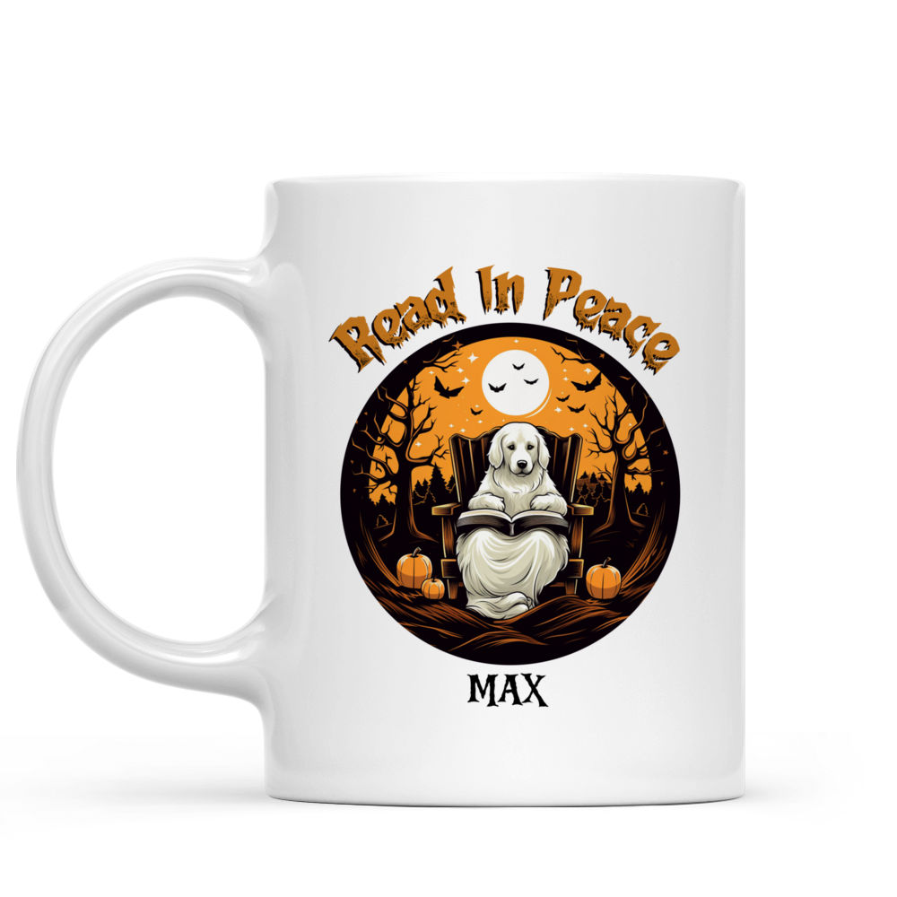 Halloween Dog Mug - Halloween Ghost Golden Retriever Dog Reading Book - Mug_1