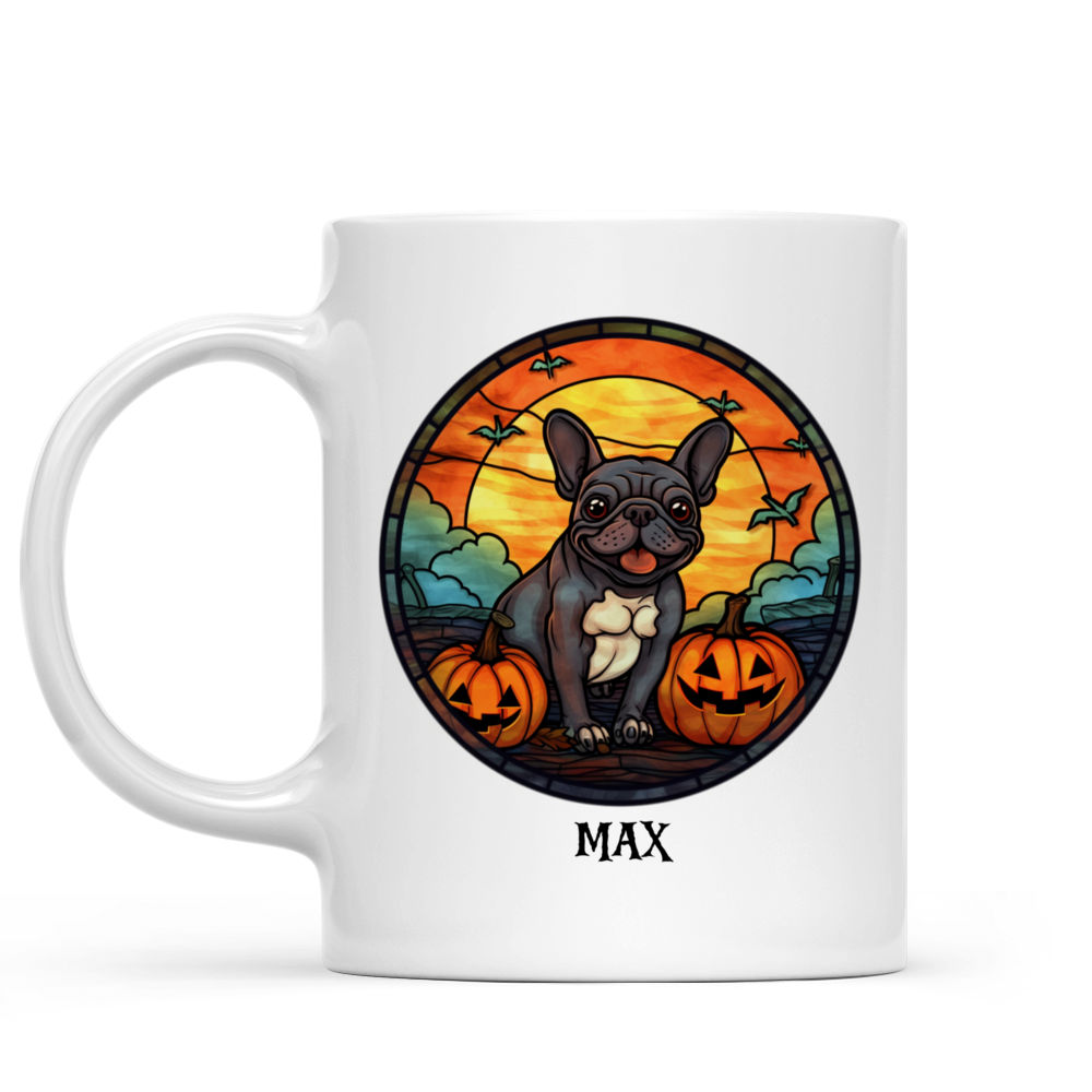 Personalized Mug - Halloween Dog Mug - Halloween French Bulldog Dog with Pumpkins Running on Halloween Night Stained Glass Style_1