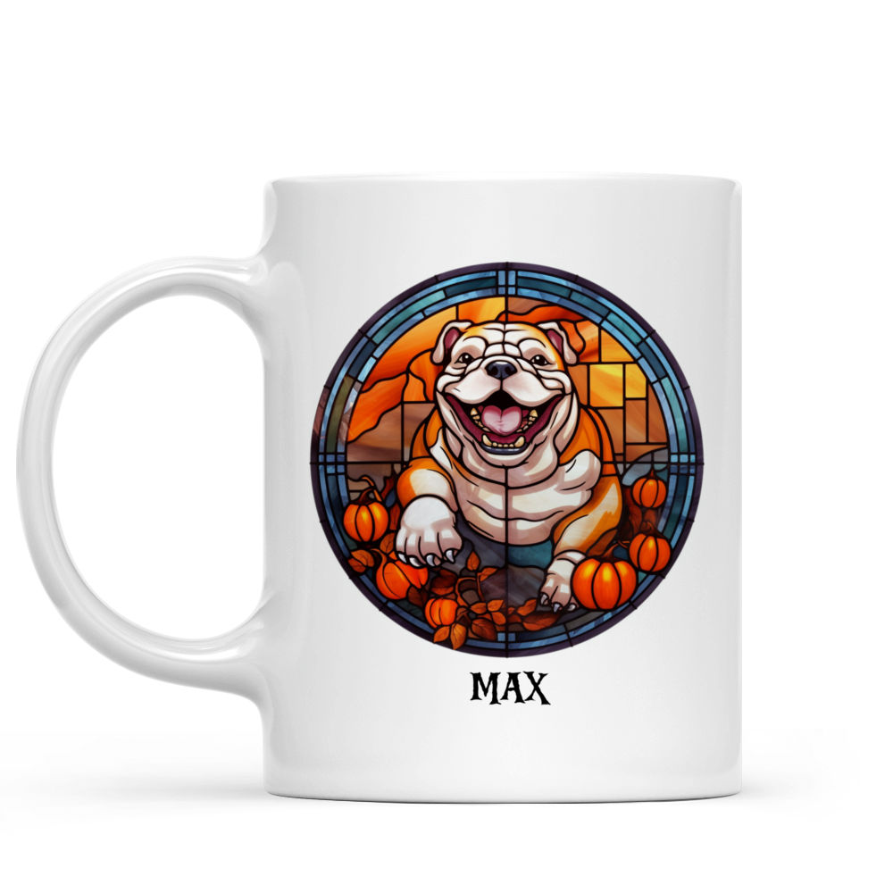 Halloween Dog Mug - Halloween Bulldog with Pumpkins Running on Halloween Night Stained Glass Style - Mug_1