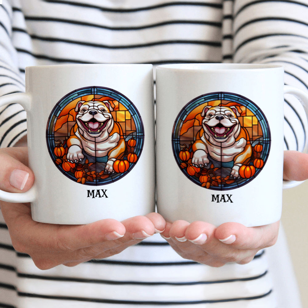 Halloween Dog Mug - Halloween Bulldog with Pumpkins Running on Halloween Night Stained Glass Style - Mug