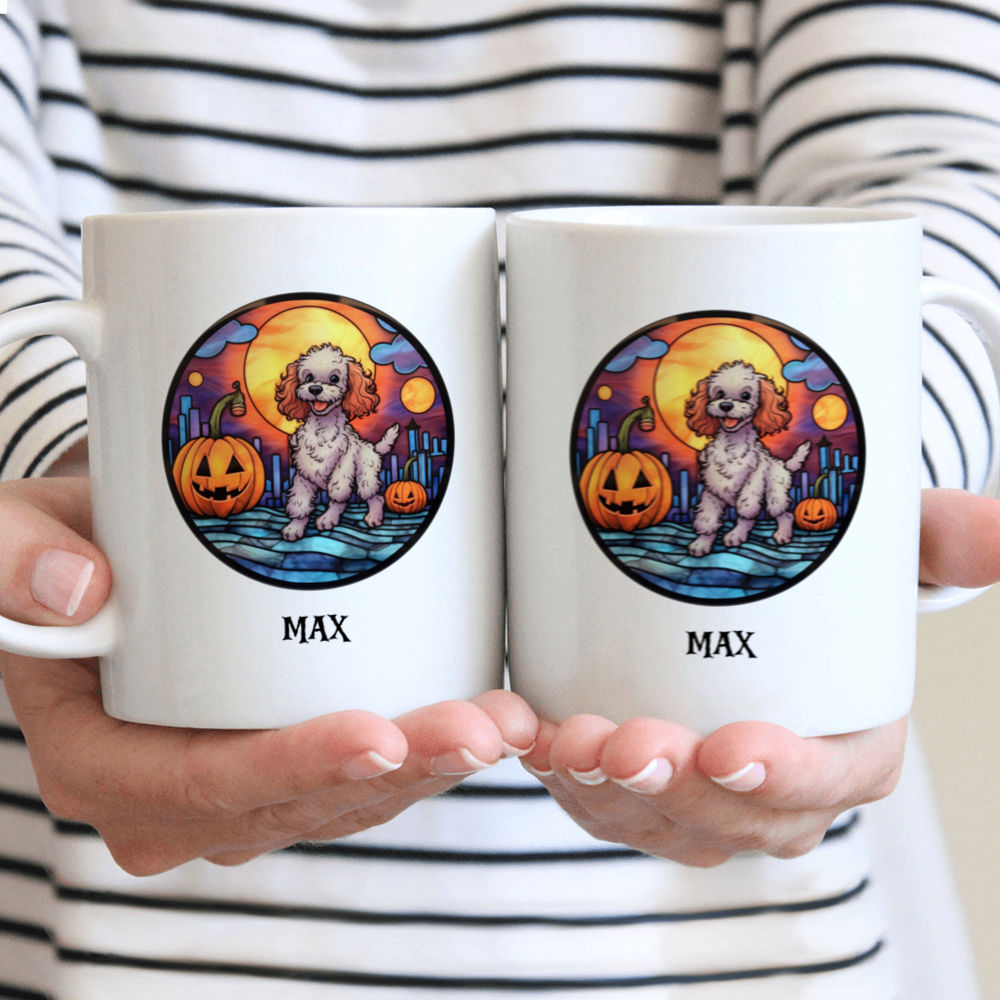 Halloween Dog Mug - Halloween Poodle Dog with Pumpkins Running on Halloween Night Stained Glass Style - Mug