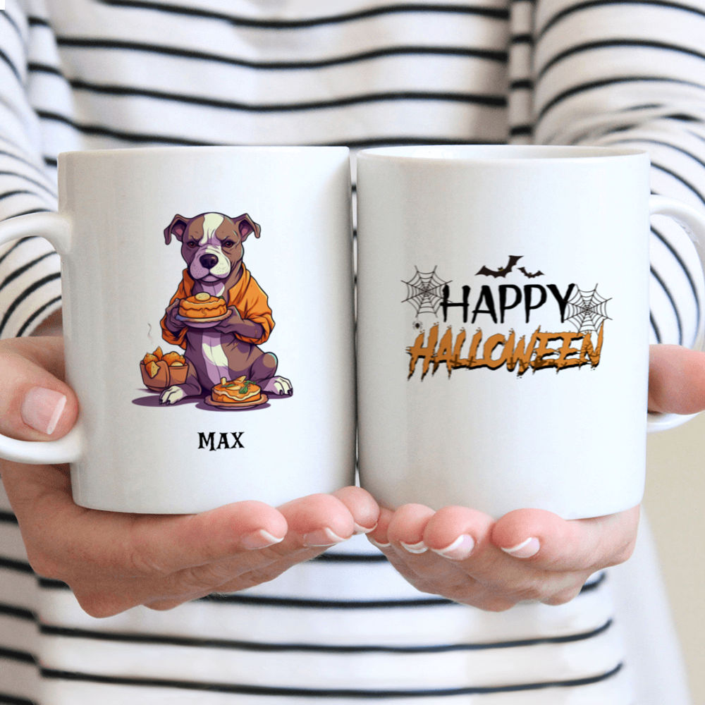 Halloween Dog Mug - Cute Anthropomorphic Pitbull Dog Cooking Halloween Pumpkin Cake - Mug