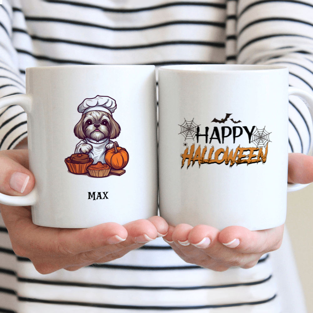Personalized Mug - Halloween Dog Mug - Cute Shih Tzu Dog Cooking Pumpkin Cake Halloween Mug