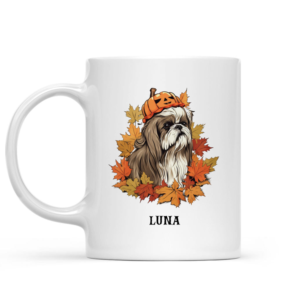 Personalized Mug - Halloween Dog Mug - Autumn Shih Tzu Dog wearing Maple Leaves Crown, Halloween Pumpkins Mug_1