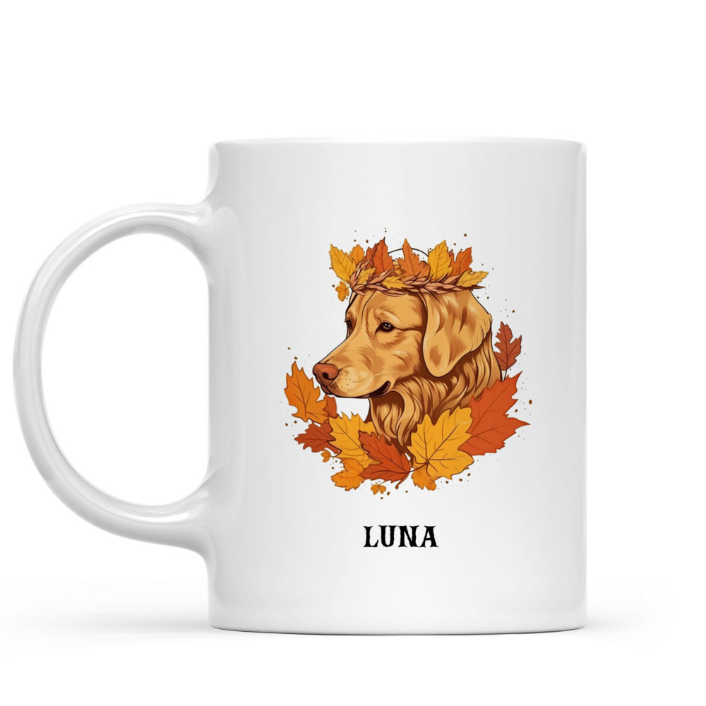 Personalized Mug - Halloween Dog Mug - Autumn Golden Retriever Dog Wearing Maple Leaves Halloween Crown, Pumpkins, Flat Art_1