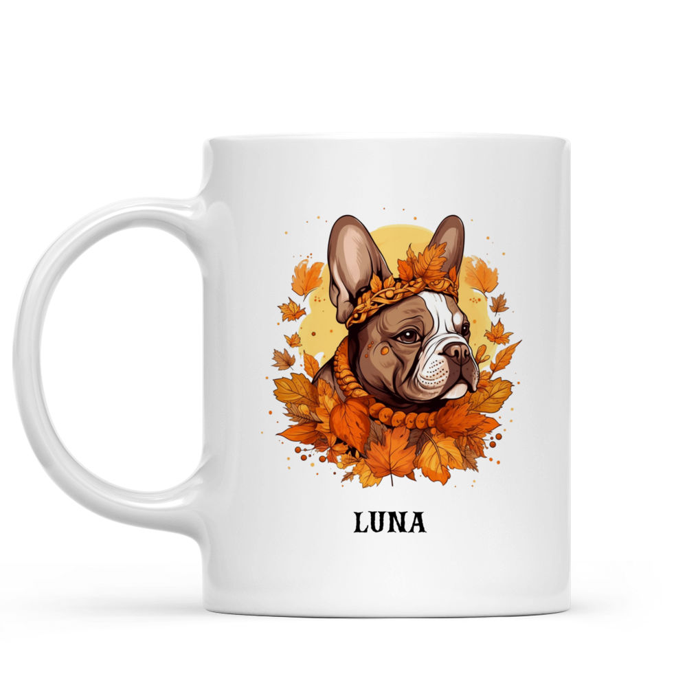 Halloween Dog Mug - Autumn French Bulldog Wearing Maple Leaves Halloween Crown, Pumpkins, Flat Art - Mug_1