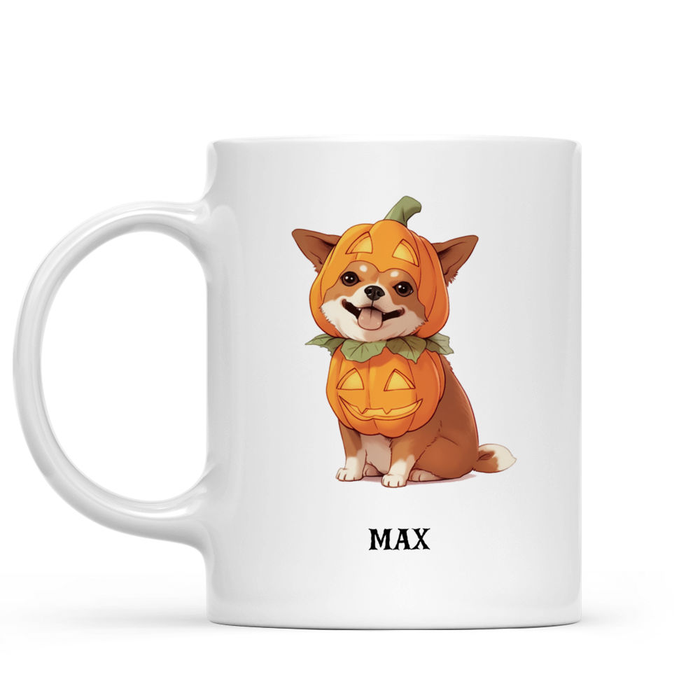 Personalized Mug - Halloween Dog Mug - Smiling Chihuahua Dog in Jack-O-Lantern Pumpkin Jumpsuit Costume Halloween Dog Mug_1
