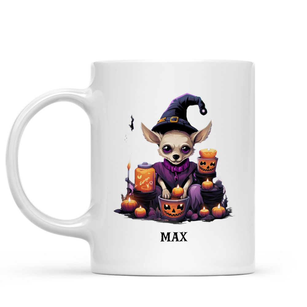 Personalized Mug - Halloween Dog Mug - Pastel Goth Chihuahua Witch Dog Sleeping on Halloween Potions_1