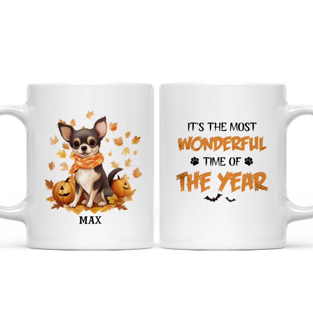 Halloween Dog Mug - Happy Chihuahua Dog with Fall Leaf and Halloween Pumpkins - Mug_3